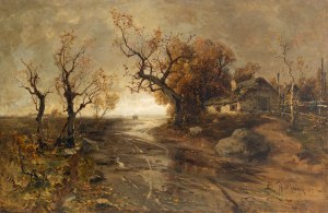 Juliusz Klewer (1850 - 1924 ), Pejzaż jesienny z dorożką w tle, 1895