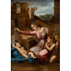 Raffaello Sanzio (seguace di) (Urbino 1483-Roma 1520), Madonna con il Bambino addormentato e San Giovannino (Madonna del Velo o Madonna del Diadema Blu)