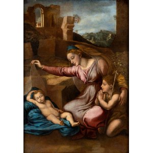 Raffaello Sanzio (seguace di) (Urbino 1483-Roma 1520), Madonna mit dem schlafenden Kind und dem Johanneskind (Madonna del Velo oder Madonna del Diadema Blu)