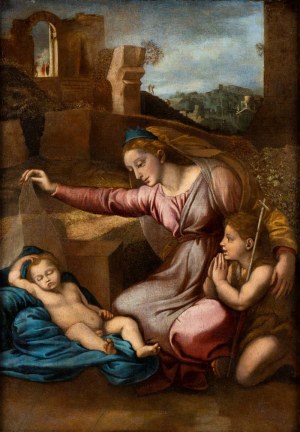 Raffaello Sanzio (seguace di) (Urbino 1483 - Roma 1520), Madona so spiacim dieťaťom a svätým Jánom (Madonna del Velo alebo Madonna del Diadema Blu)