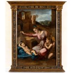 Raffaello Sanzio (seguace di) (Urbino 1483-Roma 1520), Madona se spícím dítětem a svatým Janem (Madonna del Velo nebo Madonna del Diadema Blu)