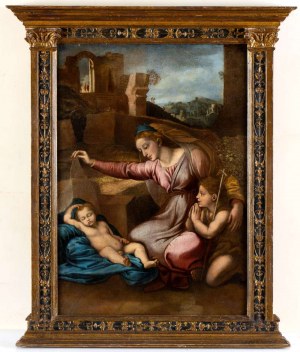 Raffaello Sanzio (seguace di) (Urbino 1483-Roma 1520), Madona se spícím dítětem a svatým Janem (Madonna del Velo nebo Madonna del Diadema Blu)