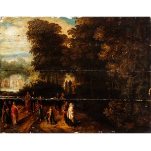Artista fiammingo, XVII secolo, Landscape with Jesus and the Rich Young Man