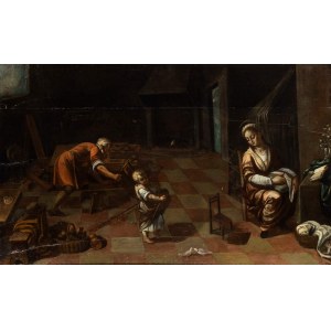 Scuola romana, XVII secolo, Sainte Famille dans l'atelier de Saint Joseph