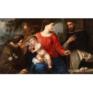 Artista veneto, XVII secolo, Sacra Famiglia con Sant'Antonio Abate e San Domenico