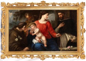 Artista veneto, XVII secolo, Heilige Familie mit dem Heiligen Antonius Abt und dem Heiligen Dominikus