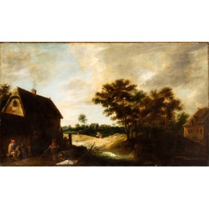 David Teniers Il Giovane (ambito di) (Anversa 1610-Bruxelles 1690), Landschaft mit Häusern und Landarbeitern