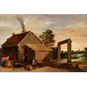 David Teniers Il Giovane (ambito di) (Anversa 1610-Bruxelles 1690), Paesaggio con casa e contadino che pulisce le ostriche