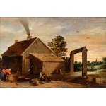 David Teniers Il Giovane (ambito di) (Anversa 1610-Bruxelles 1690), Landscape with house and farmer cleaning oyster
