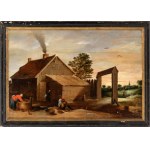 David Teniers Il Giovane (ambito di) (Anversa 1610-Bruxelles 1690), Landscape with house and farmer cleaning oyster