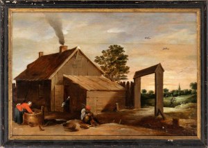 David Teniers Il Giovane (ambito di) (Anversa 1610-Bruxelles 1690), Pejzaż z domem i rolnikiem czyszczącym ostrygi