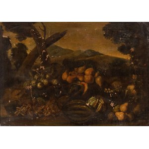 Scuola romana, XVII secolo, Natura morta di frutta in un paesaggio