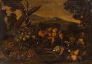 Scuola romana, XVII secolo, Nature morte de fruits dans un paysage