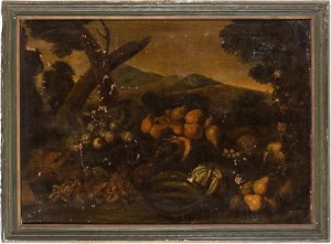 Scuola romana, XVII secolo, Still life of fruit in a landscape