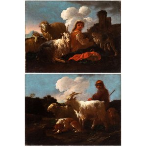 Philipp Peter Roos Rosa da Tivoli (attribuito a) (Frankfurt 1655 ok.-Tivoli 1706), a) Pasterz z kozami i psem; b) Pasterka z kozami i psem. Para obrazów