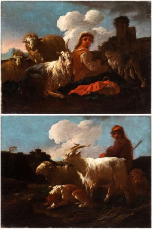 Philipp Peter Roos Rosa da Tivoli (attribuito a) (Francfort 1655 env.-Tivoli 1706), a) Berger avec chèvres et chien ; b) Bergère avec chèvres et chien. Paire de peintures