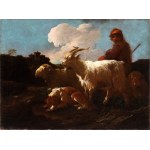 Philipp Peter Roos Rosa da Tivoli (attribuito a) (Frankfurt 1655 ca.-Tivoli 1706), a) Shepherd with goats and dog; b) Shepherdess with goats and dog. Pair of paintings