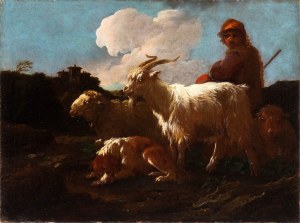 Philipp Peter Roos Rosa da Tivoli (attribuito a) (Frankfurt 1655 ca.-Tivoli 1706), a) Shepherd with goats and dog; b) Shepherdess with goats and dog. Pair of paintings