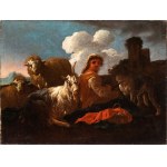 Philipp Peter Roos Rosa da Tivoli (attribuito a) (Francoforte 1655 ca.-Tivoli 1706), a) Pastore con capre e cane; b) Pastora con capre e cane. Coppia di dipinti