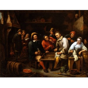 Gillis van Tilborgh (atribuito a) (Bruxelles 1625-Bruxelles 1678), Interiér hostince s hráčem vrhcábů