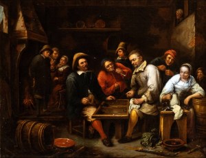 Gillis van Tilborgh (attribuito a) (Bruxelles 1625-Bruxelles 1678), Interior of tavern with backgammon player