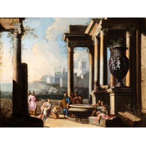 Alberto Carlieri (attribuito a) (Roma 1672-Roma dopo il 1720), Capriccio architettonico con scena di battesimo