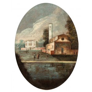 Artista veneto, XVIII secolo, Lagoon landscape with church