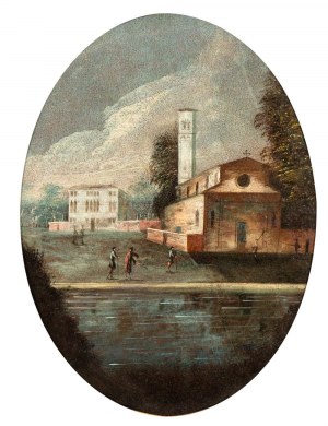 Artista veneto, XVIII secolo, Lagoon landscape with church
