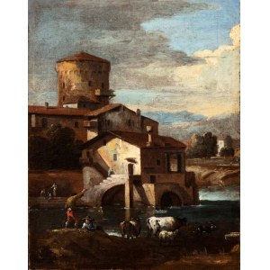 Giuseppe Zais (Forno di Canale 1709-Treviso 1781), Landscape with houses, tower, river and figures