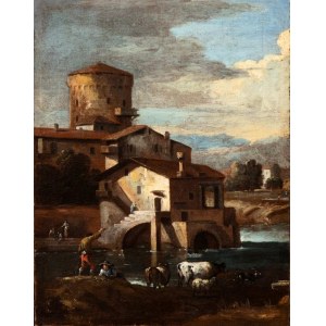 Giuseppe Zais (Forno di Canale 1709-Treviso 1781), Landschaft mit Häusern, Turm, Fluss und Figuren
