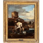 Giuseppe Zais (Forno di Canale 1709-Treviso 1781), Pejzaż z domami, wieżą, rzeką i postaciami