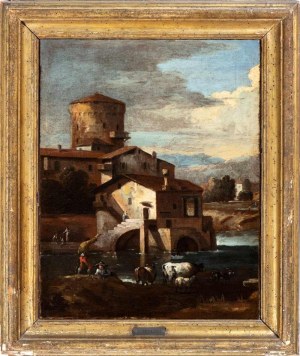 Giuseppe Zais (Forno di Canale 1709-Treviso 1781), Landscape with houses, tower, river and figures