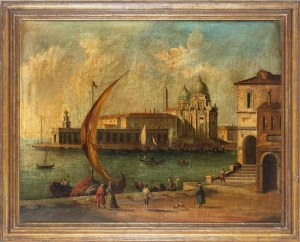 Scuola veneta, XIX-XX secolo, Blick auf das Becken von San Marco mit Punta della Dogana und Santa Maria della Salute