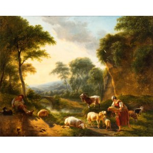 Artista francese, XVIII secolo, Paesaggio con pastori e greggi a riposo
