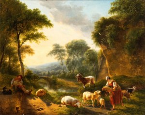 Artista francese, XVIII secolo, Landscape with shepherds and flocks at rest