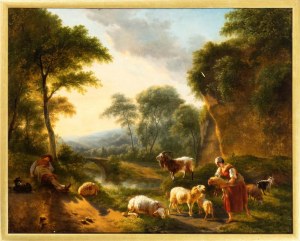 Artista francese, XVIII secolo, Pejzaż z pasterzami i trzodą podczas odpoczynku