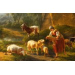 Artista francese, XVIII secolo, Pejzaż z pasterzami i trzodą podczas odpoczynku