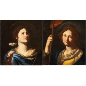 Nicolò De Simone (Attivo A Napoli Dal 1636 Al 1677), a) Sainte Agathe ; b) Sainte à la bannière rouge. Paire de peintures