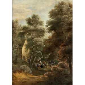 Artista fiammingo attivo in Italia, XVII secolo, Paesaggio con viandanti in sosta