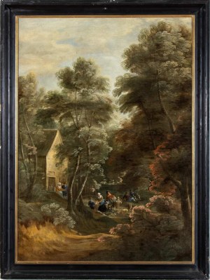 Artista fiammingo attivo in Italia, XVII secolo, Landscape with wayfarers stopping