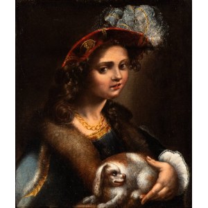 Pseudo Caroselli (attribuito a), Porträt einer Dame mit Hut, Pelzmantel und kleinem Hund