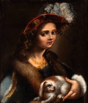 Pseudo Caroselli (attribuito a), Portret szlachcianki w kapeluszu, futrze i z małym psem