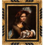 Pseudo Caroselli (attribuito a), Portrait d'une dame avec chapeau, manteau de fourrure et petit chien