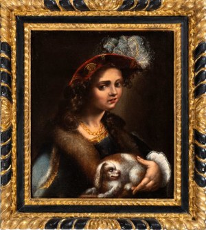 Pseudo Caroselli (attribuito a), Porträt einer Dame mit Hut, Pelzmantel und kleinem Hund