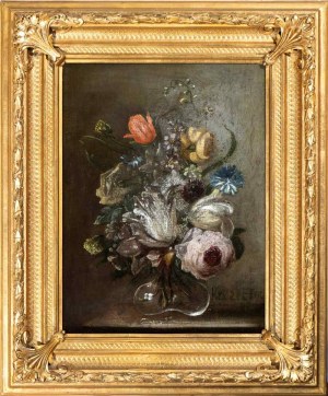 Peter van Kessel (attribuito a) (Anversa 1635-Ratzeburg 1668), Bouquet di fiori in un vaso di cristallo
