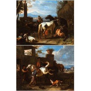 Pieter van Bloemen Lo Stendardo (attribuito a) (Anversa 1657-Anversa 1720), a) Pejzaż z pasterzem, końmi i stadami; b) Warsztat kowalski. Para obrazów