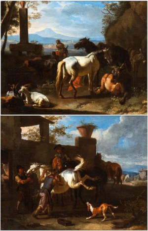 Pieter van Bloemen Lo Stendardo (attribuito a) (Anversa 1657-Anversa 1720), a) Landscape with shepherdess, horses and herds; b) The farrier's workshop. Pair of paintings