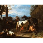 Pieter van Bloemen Lo Stendardo (attribuito a) (Anversa 1657-Anversa 1720), a) Paysage avec bergère, chevaux et troupeaux ; b) L'atelier du maréchal-ferrant. Paire de tableaux