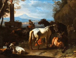 Pieter van Bloemen Lo Stendardo (attribuito a) (Anversa 1657-Anversa 1720), a) Landscape with shepherdess, horses and herds; b) The farrier's workshop. Pair of paintings