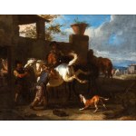 Pieter van Bloemen Lo Stendardo (attribuito a) (Anversa 1657-Anversa 1720), a) Pejzaż z pasterzem, końmi i stadami; b) Warsztat kowalski. Para obrazów